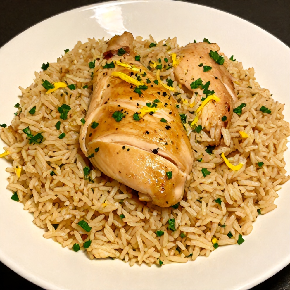 A plated serving of one-pan lemon chicken and rice garnished with fresh parsley on a white ceramic plate with warm side lighting.
