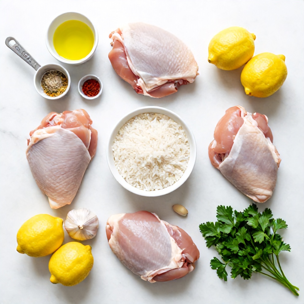 Overhead flat lay showing raw chicken thighs, white rice, fresh lemons, garlic cloves, and fresh parsley with measuring spoons on a white marble surface.