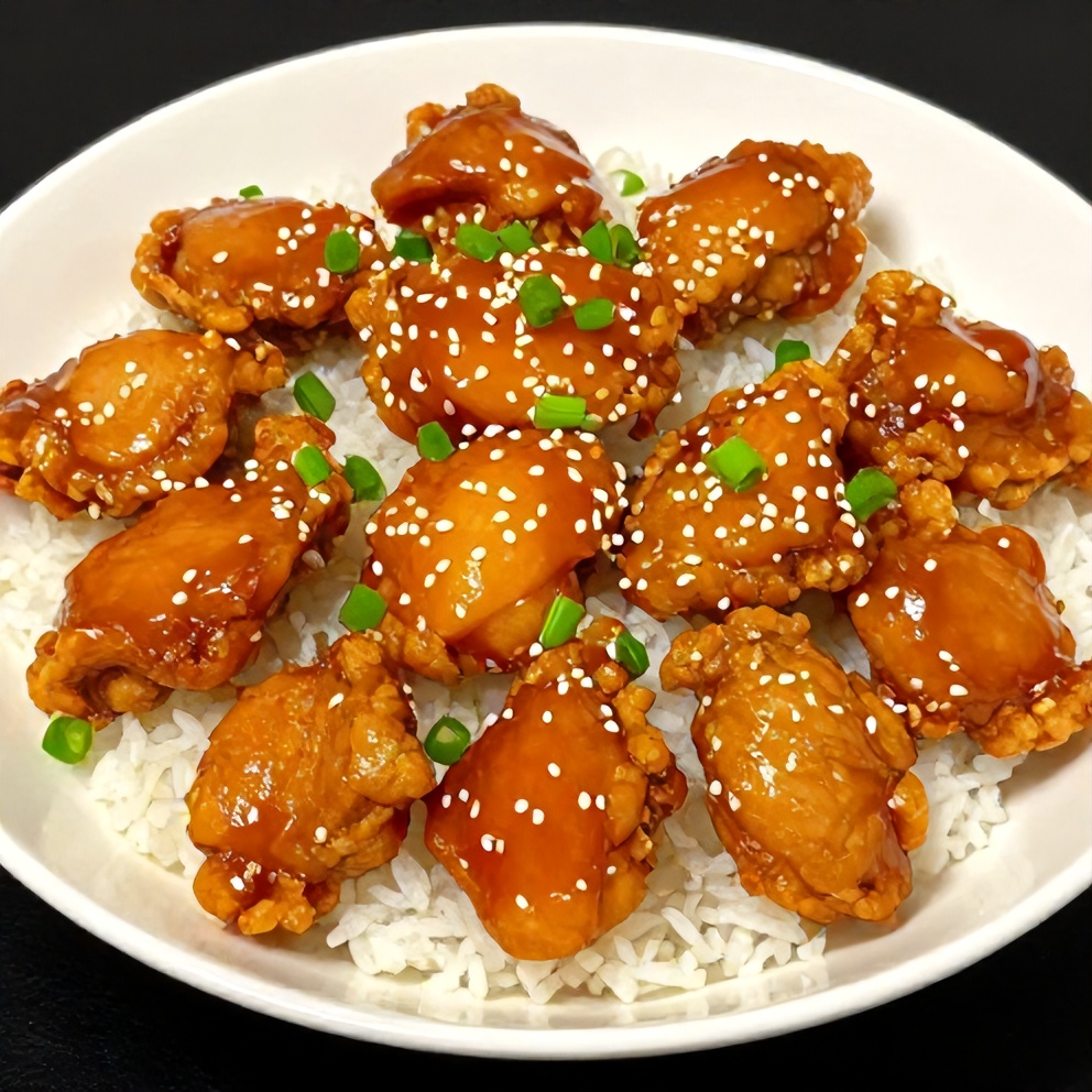 Plated orange chicken with steamed rice