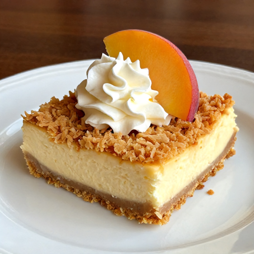 Peach Cobbler Cheesecake Bar on a plate