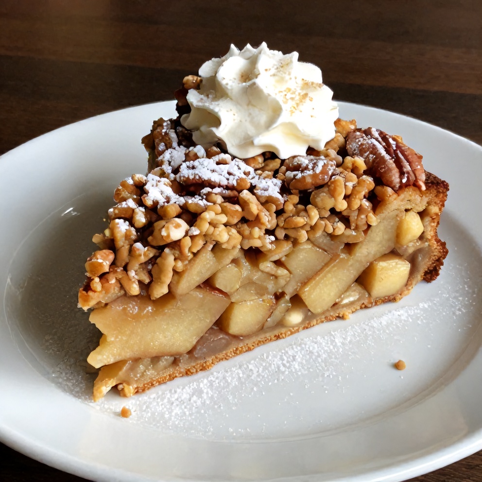 Sliced Easy Pecan Apple Crisp Coffee Cake on a white plate