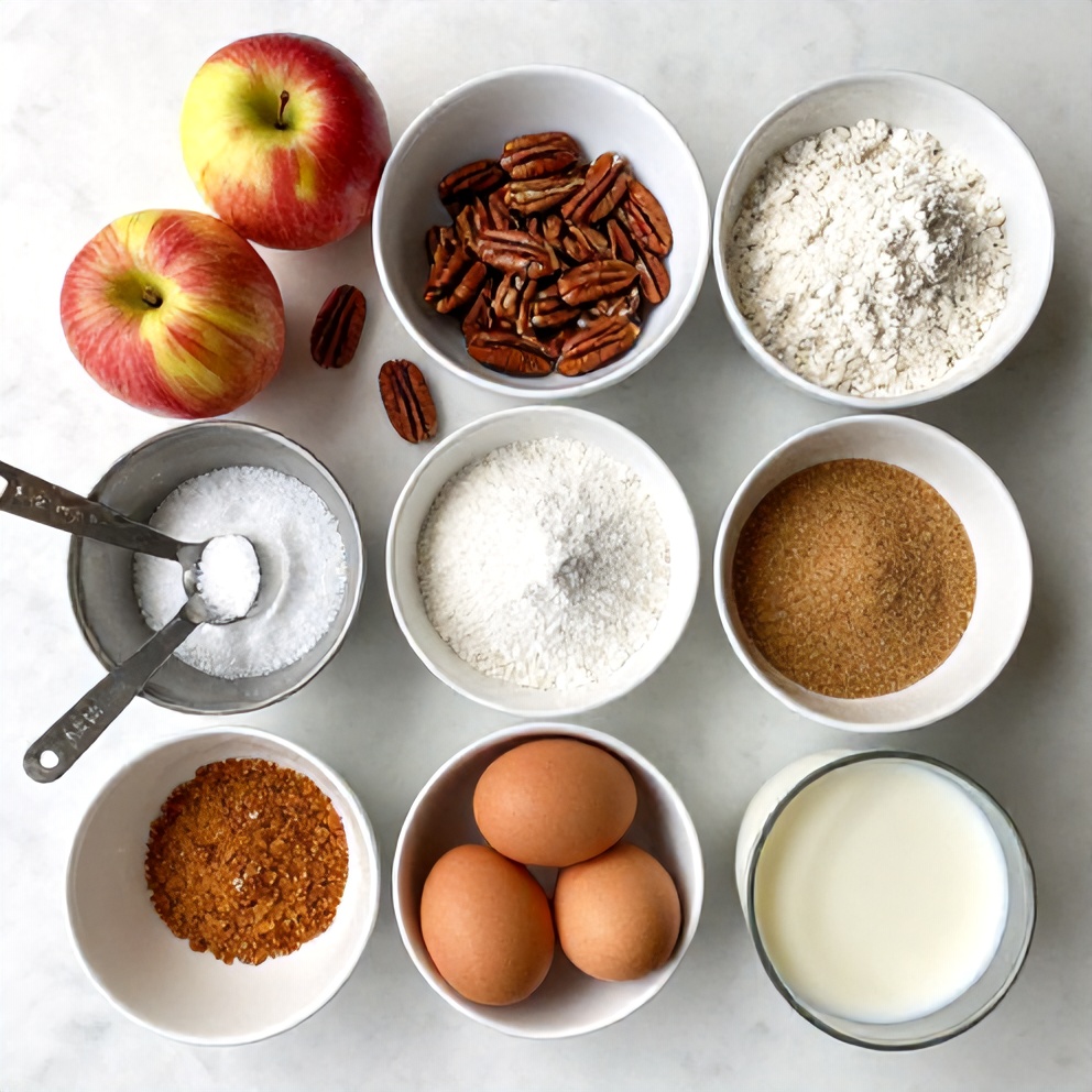 Ingredients for Easy Pecan Apple Crisp Coffee Cake on a marble counter