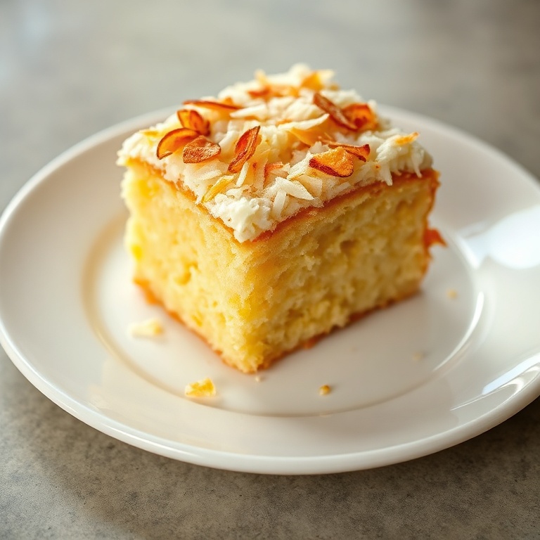Single plated serving of Portuguese coconut cake garnished with a sprinkle of toasted coconut on a white plate close cropped with warm side lighting