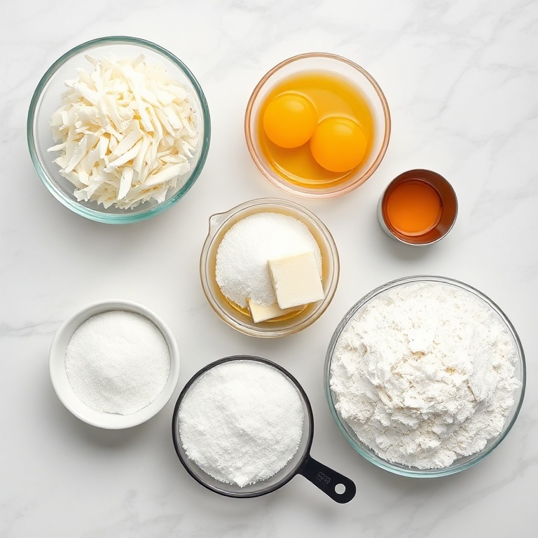 Overhead flat lay of raw ingredients for Portuguese coconut cakes with shredded coconut, eggs, sugar, flour, and butter on white marble surface with measuring spoons and bowls