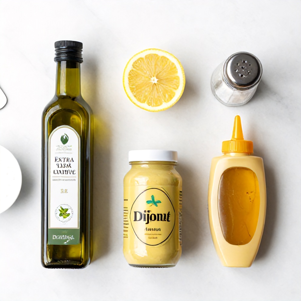 Lemon, olive oil, Dijon mustard, honey, salt, and pepper for Easy Quick Lemon Vinaigrette