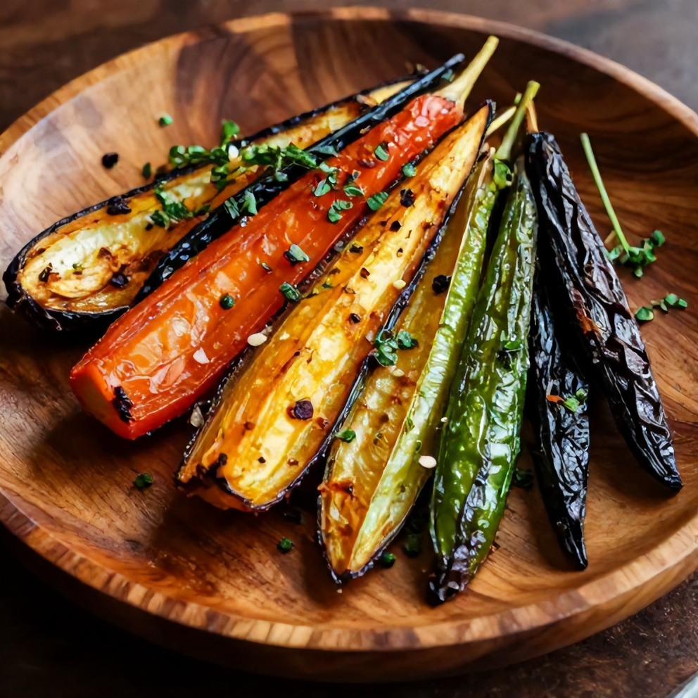 Plated serving of roasted rainbow vegetables with fresh herbs