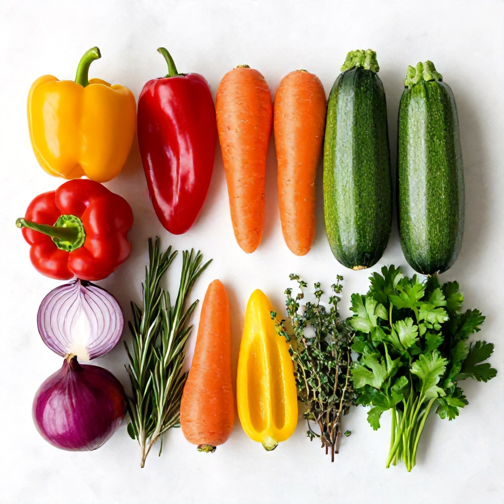 Raw rainbow vegetables and fresh herbs arranged in a flat lay