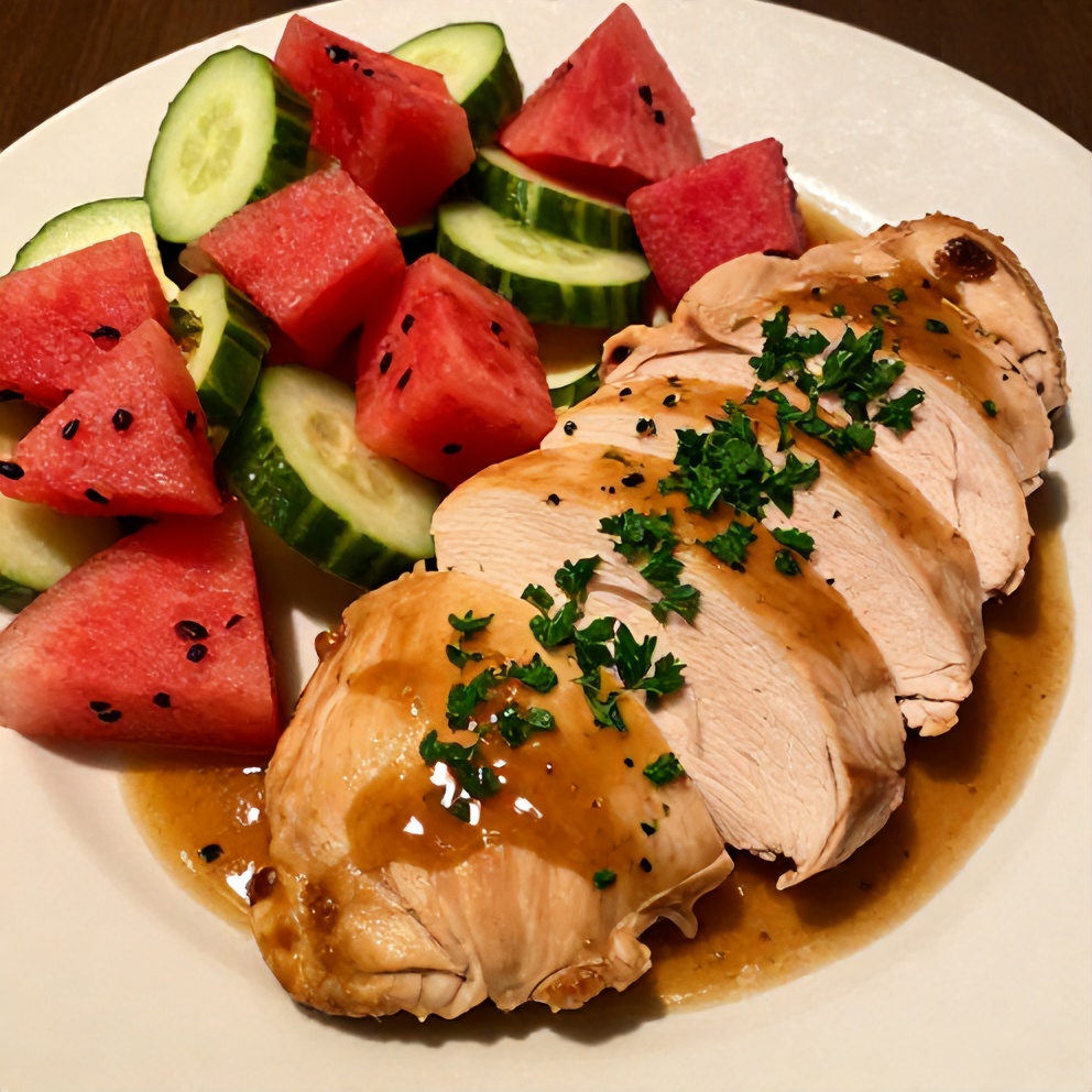 Plated Rosemary Dijon Chicken Breast with a side of Refreshing Watermelon Cucumber Salad