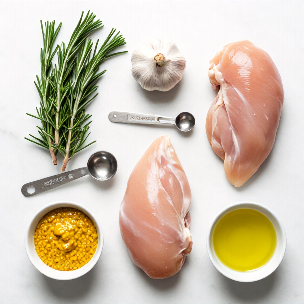 Rosemary, Dijon mustard, garlic, chicken breasts, and other ingredients laid out