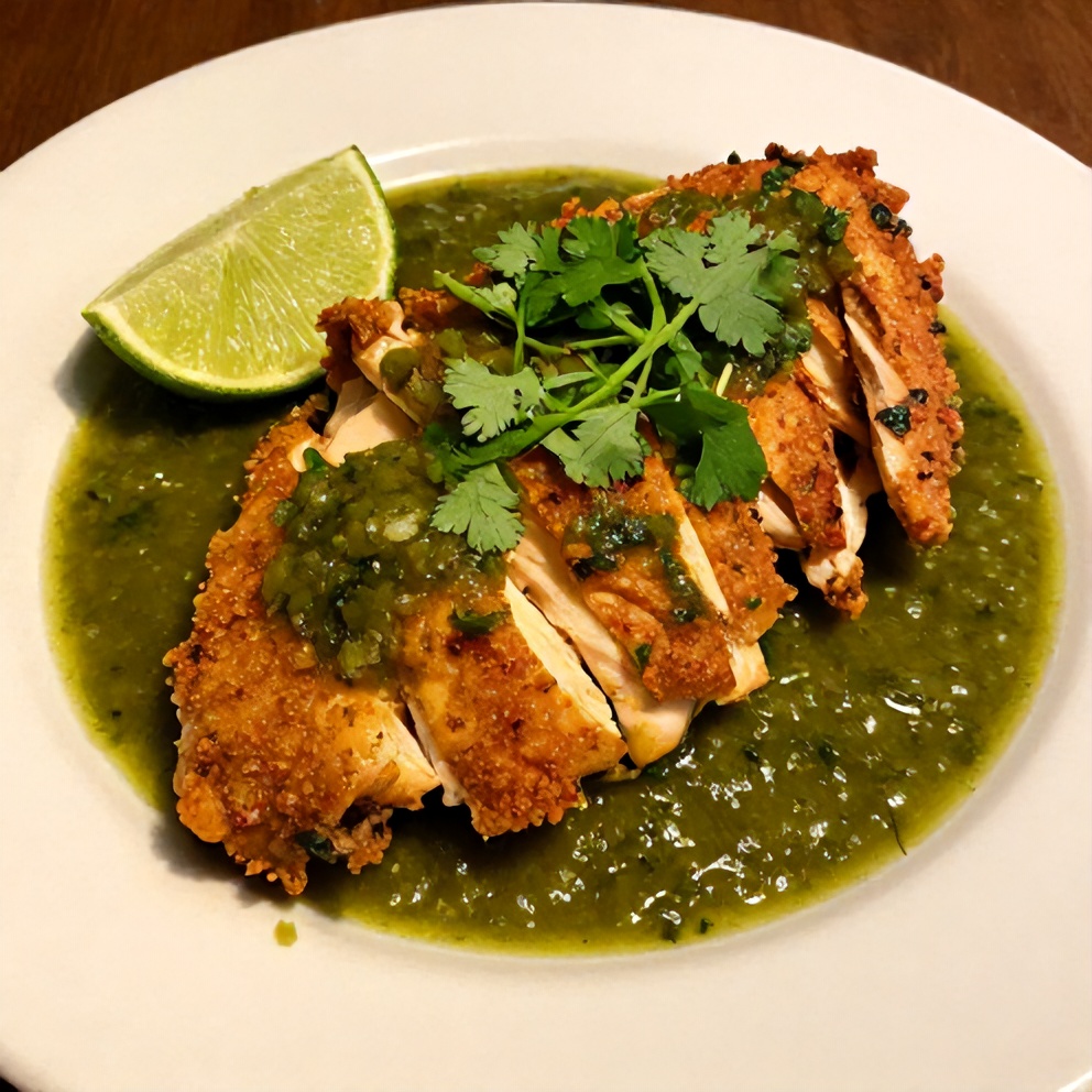 Plated Salsa Verde Chicken with a lime wedge and fresh cilantro