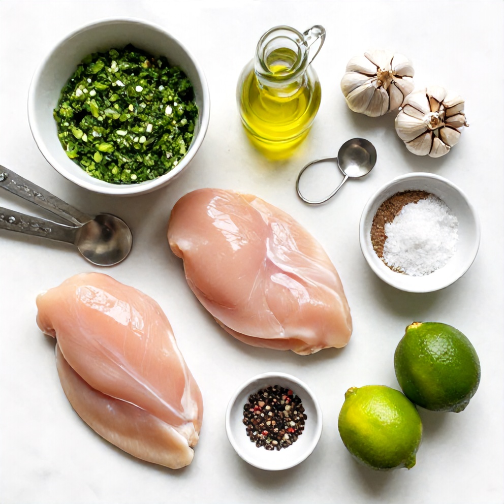 Raw ingredients for Salsa Verde Chicken: chicken breasts, salsa verde, olive oil, garlic, cumin, salt, pepper, and limes