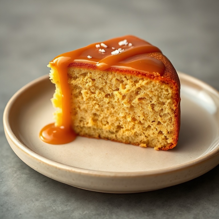 Slice of salted caramel cake on matte beige ceramic plate, caramel drizzle dripping down side, flaky sea salt crystals visible on top, deep golden crumb, warm side lighting highlighting moist texture