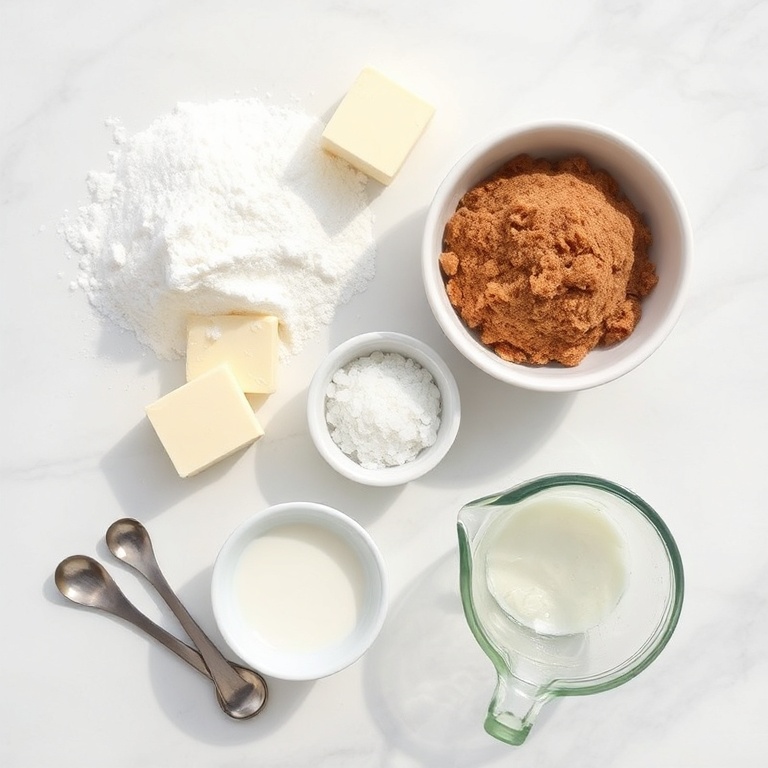 Overhead flat lay: granulated sugar, unsalted butter, heavy cream, brown sugar, sea salt flakes. Small ceramic mixing bowls, stainless steel measuring spoons, glass measuring cup on white marble surface. Bright natural light.
