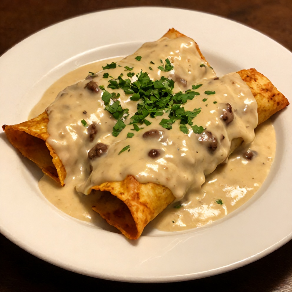 Plated Sausage Gravy Enchiladas with fresh cilantro