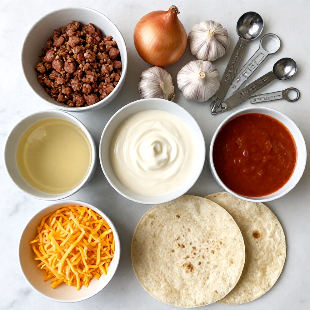 Raw ingredients for Sausage Gravy Enchiladas on a white marble surface