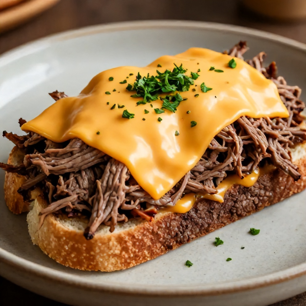Plated single beef and cheddar sandwich garnished with fresh parsley on rustic plate showing melty cheese and toasted bun texture