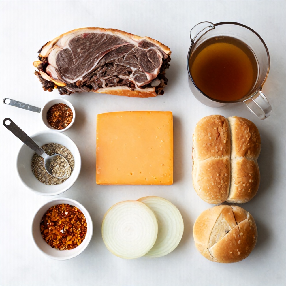 Overhead view of raw ingredients for slow cooker beef and cheddar sandwiches including chuck roast, cheddar cheese, sandwich rolls, onions, and beef broth