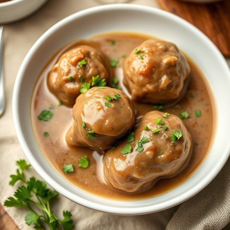 Plated slow cooker Salisbury steak meatballs with creamy brown gravy, parsley garnish, on white ceramic bowl