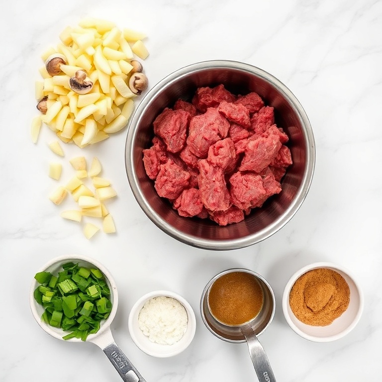 Raw ingredients for slow cooker Salisbury steak meatballs: ground beef, onion, garlic, Worcestershire sauce, brown sugar, and mushrooms