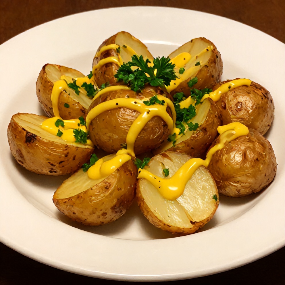Plated smoked baby potatoes with beer mustard