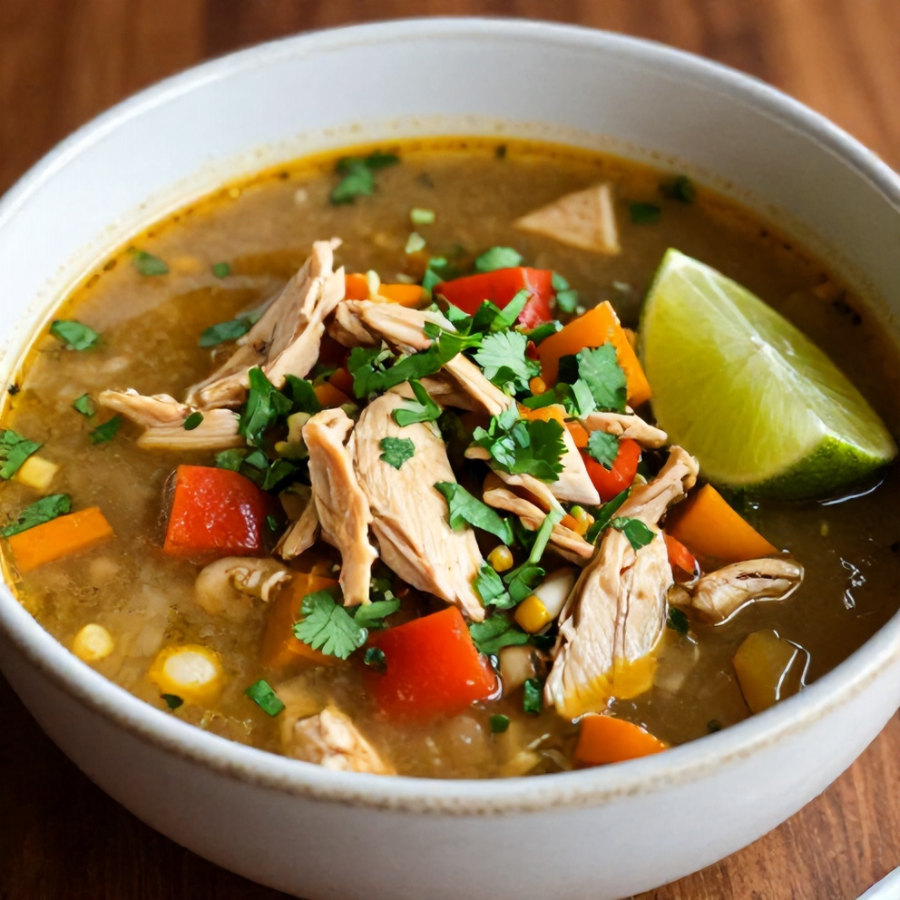 Single bowl of easy southwest chicken soup garnished with fresh cilantro and lime wedge