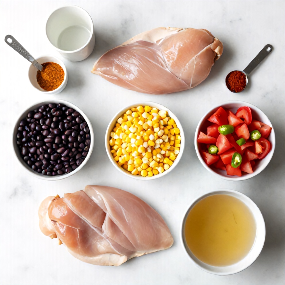 Overhead view of raw ingredients for easy southwest chicken soup including chicken breasts, beans, corn, spices, and broth