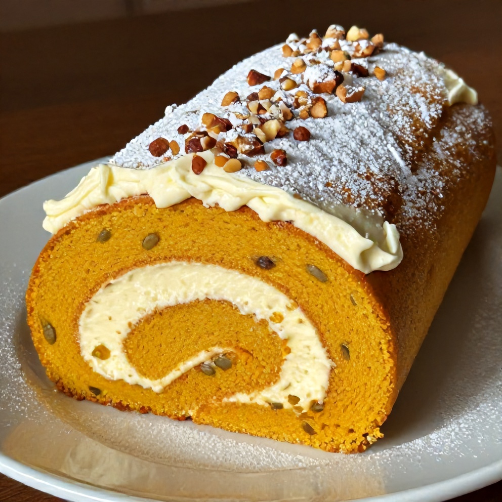 A whole Easy Spiced Pumpkin Roll with Cream Cheese Frosting on a serving plate