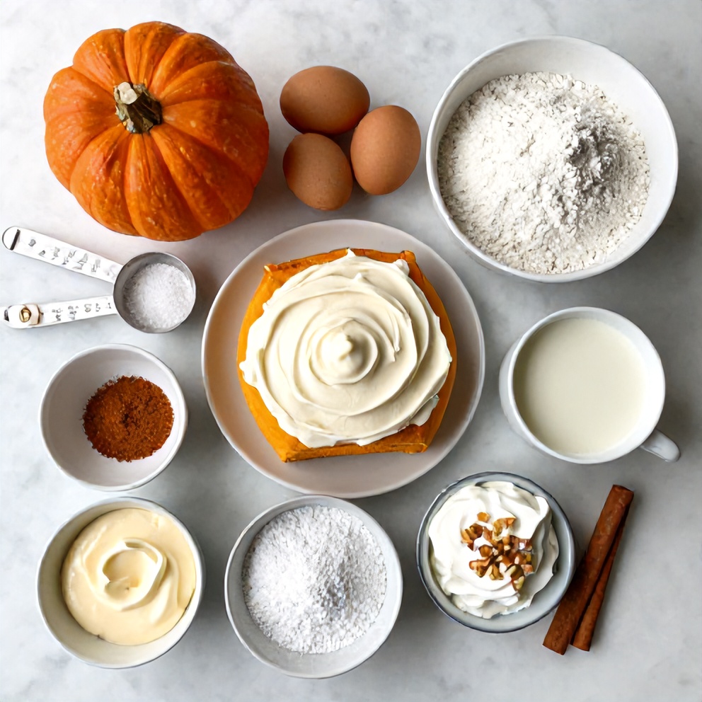 Ingredients for Easy Spiced Pumpkin Roll with Cream Cheese Frosting on a marble countertop