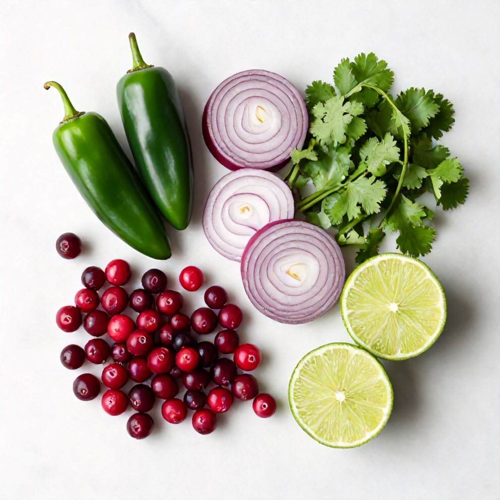 Cranberries, jalapeƱo, red onion, cilantro, lime on a cutting board