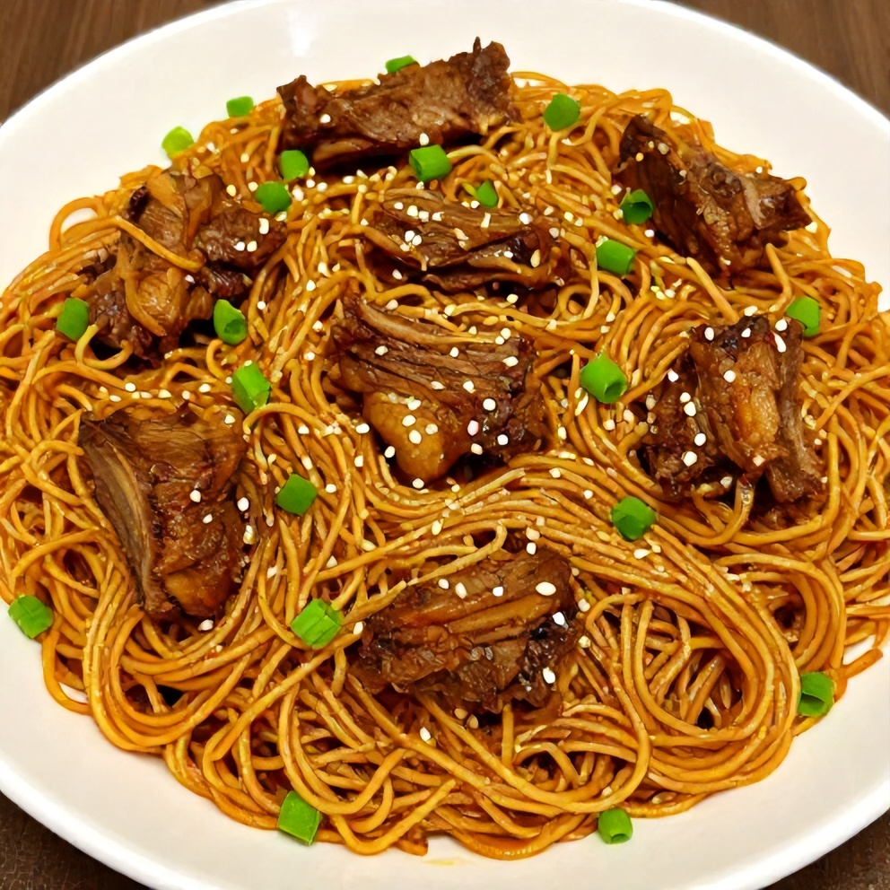 Plated serving of spicy cumin lamb noodles with green onions