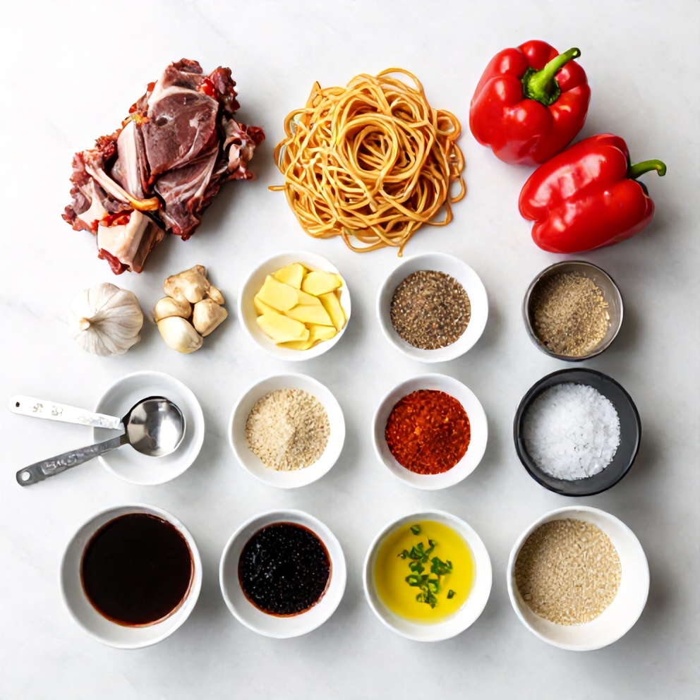 Raw ingredients for spicy cumin lamb noodles on a marble surface