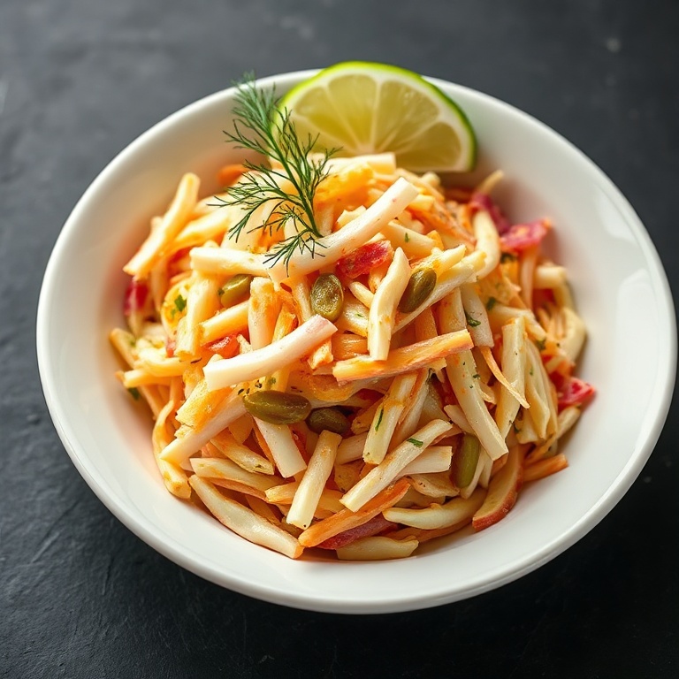 Plated spicy pickle slaw in a white ceramic bowl garnished with fresh dill sprigs and a lime wedge on a dark slate surface