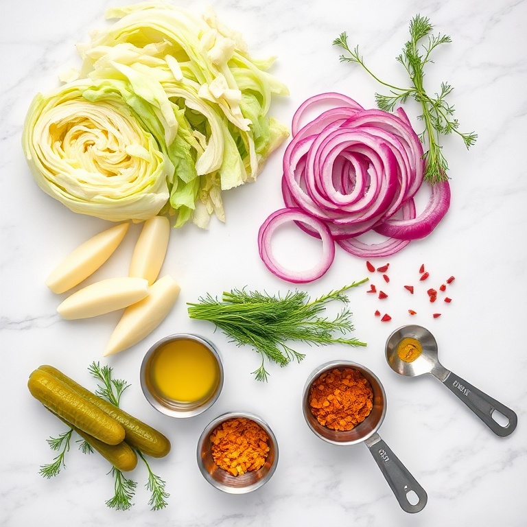 Overhead flat lay of green cabbage, dill pickle spears, red onion, fresh dill, and crushed red pepper flakes on white marble with small prep bowls and measuring spoons
