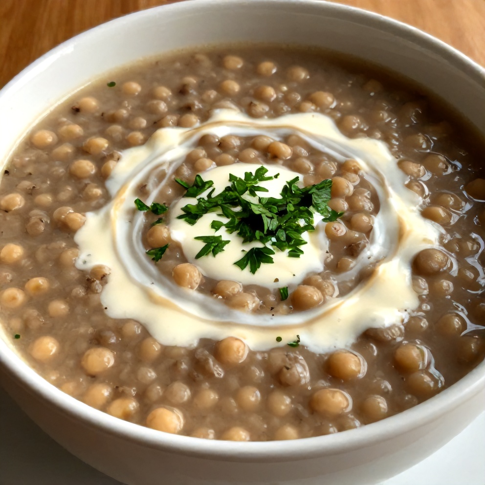 Split Pea Soup with a swirl of cream and a sprinkle of parsley