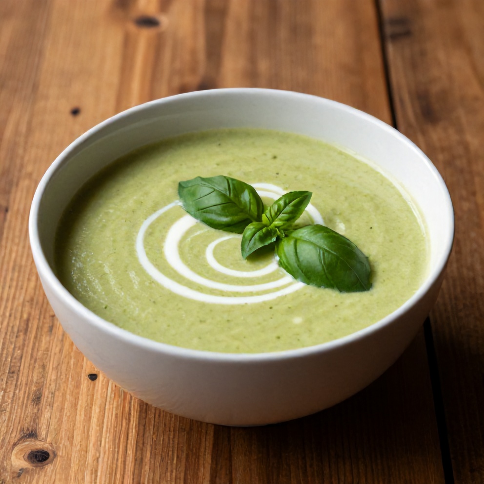 One perfect bowl of creamy zucchini basil soup garnished with fresh basil leaves, sitting on a rustic wooden table with warm side lighting highlighting the texture and depth of the soup.