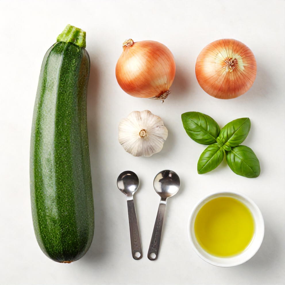 Overhead flat lay of zucchini, onion, garlic, basil, and olive oil, arranged on a white marble surface with bright even light, and measuring spoons and bowls visible.