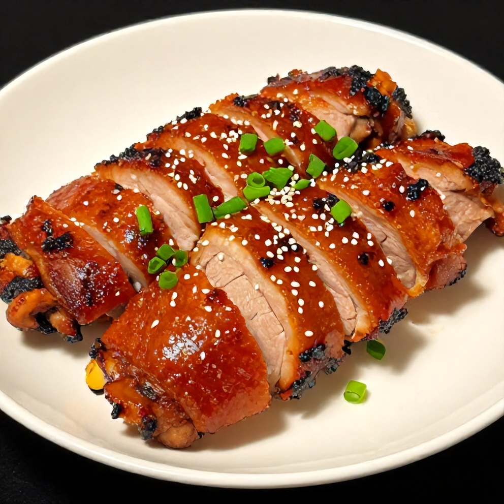 Plated serving of Easy Sticky Char Siu Chicken