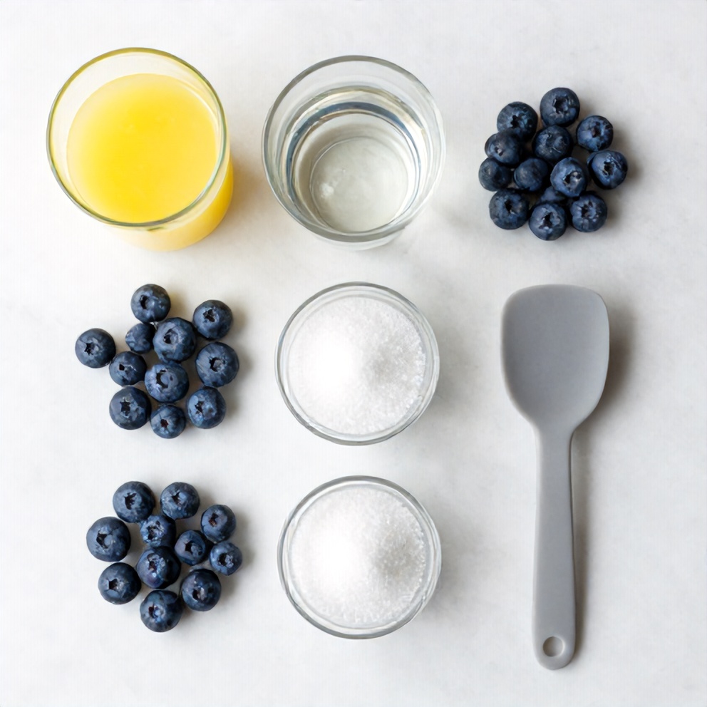 Blueberries, lemon juice, water, and sweetener on a wooden surface