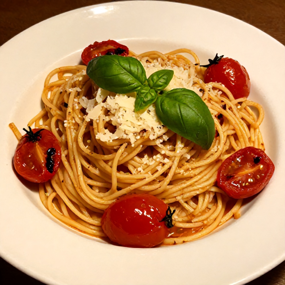 Easy Summer Pasta with Roasted Cherry Tomatoes and Basil plated