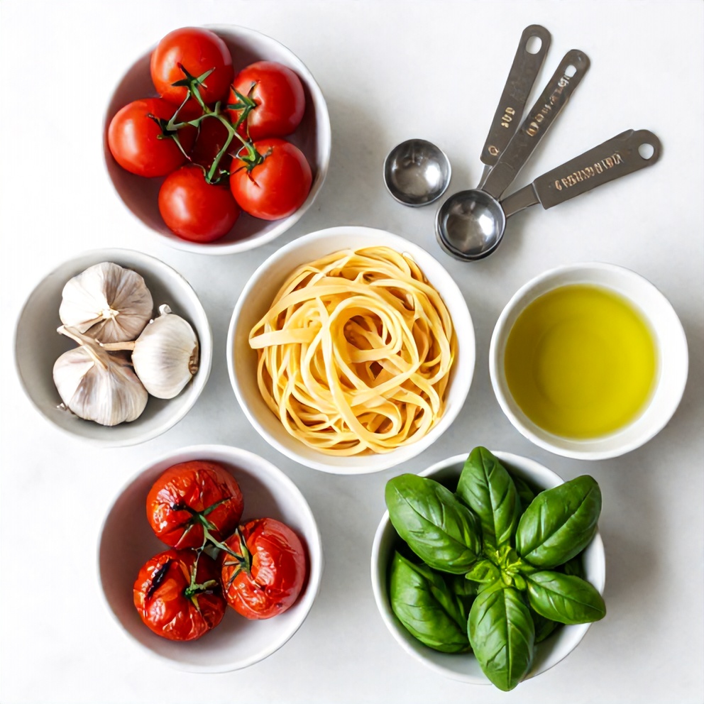 Raw ingredients for Easy Summer Pasta with Roasted Cherry Tomatoes and Basil