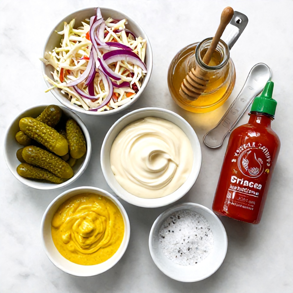 Ingredients for sweet and spicy pickle slaw laid out on a wooden surface