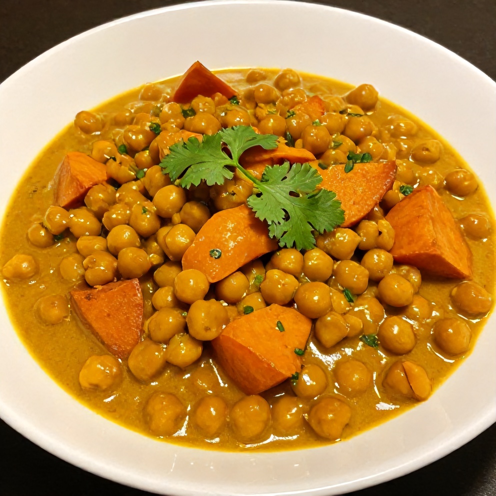 A plated serving of sweet potato chickpea curry garnished with fresh cilantro in a white bowl