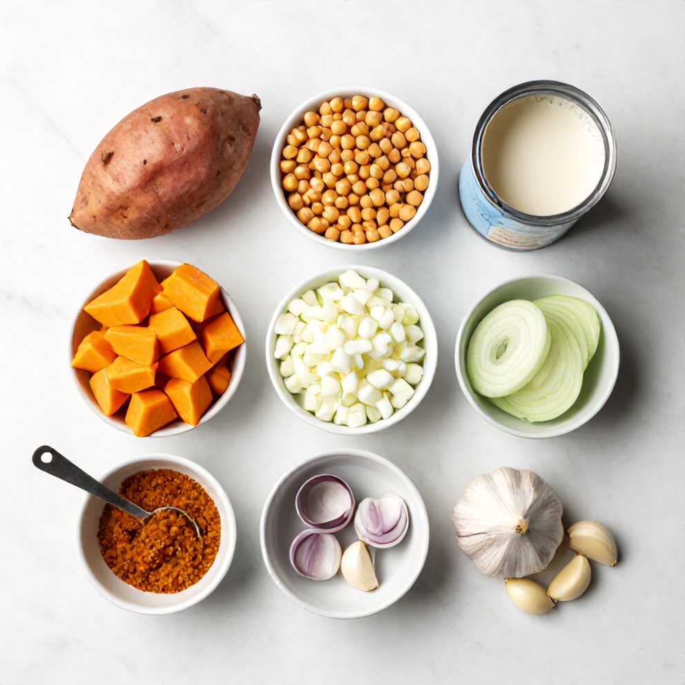 Overhead view of raw ingredients for sweet potato chickpea curry including sweet potatoes, chickpeas, onions, garlic, and coconut milk