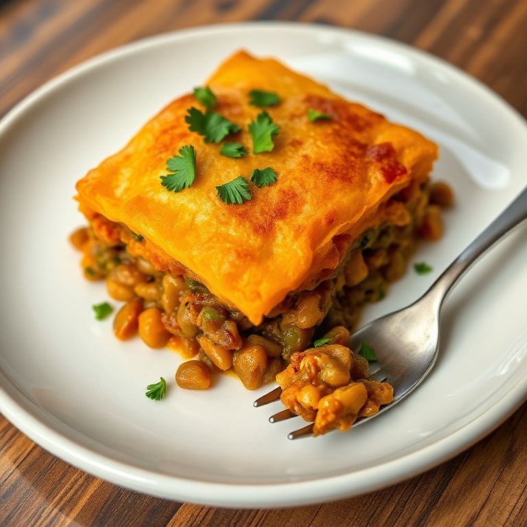 A plated serving of sweet potato lentil shepherd’s pie garnished with fresh parsley on white plate
