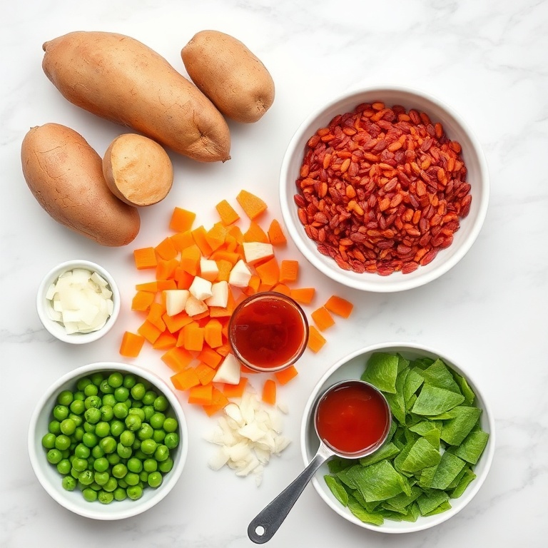 Raw sweet potatoes, red lentils, carrots, onions, and peas in bowls with measuring spoons on white marble surface