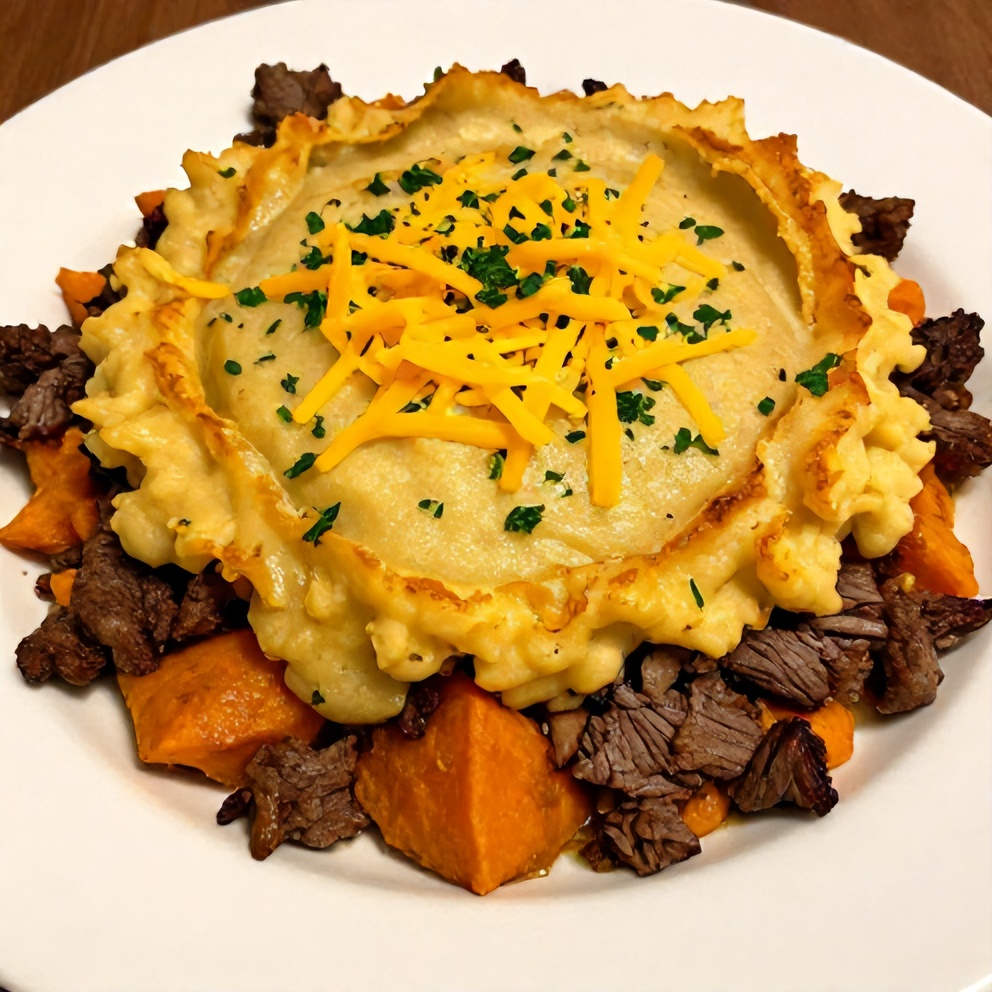 Sweet Potato Shepherd’s Pie plated with a side of green beans