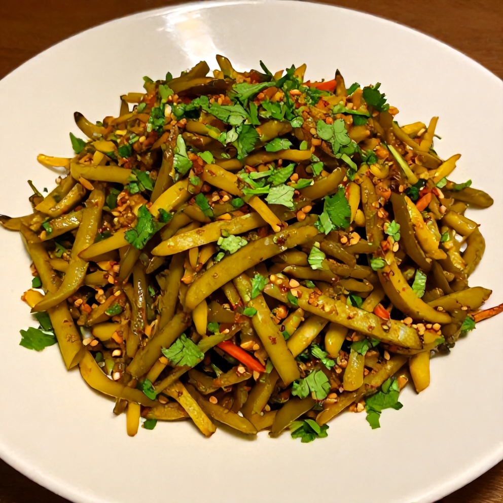 A serving of sweet and spicy pickle slaw garnished with fresh herbs on a white plate with warm side lighting