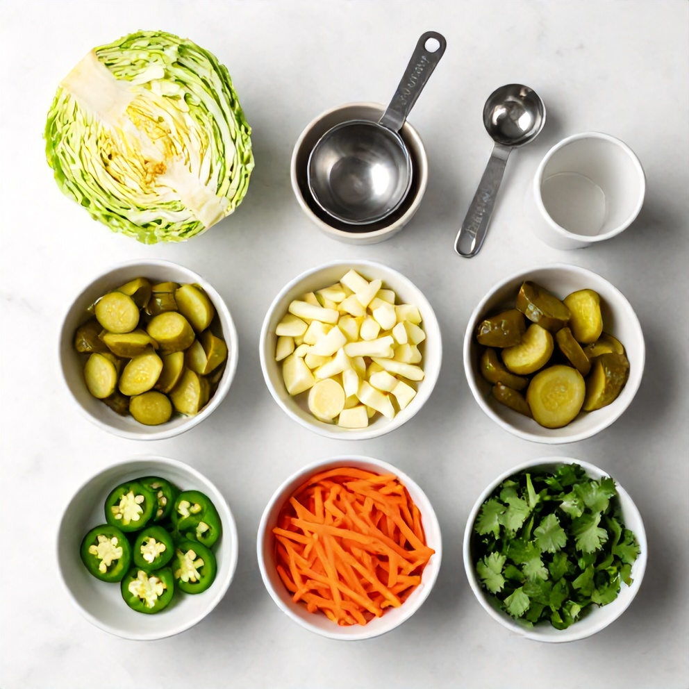 Overhead view of raw ingredients for sweet and spicy pickle slaw including shredded cabbage, pickles, carrots, jalapenos, and fresh herbs with bowls and spoons