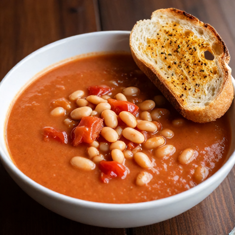 Bowl of Tomato and White Bean Soup with Garlic Toast