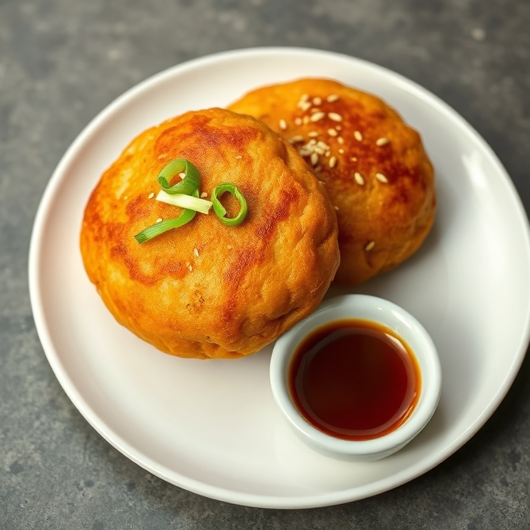 Two golden-brown vegan pan-fried buns on a white ceramic plate, garnished with scallion ribbons and toasted sesame seeds, side of soy-ginger dipping sauce visible